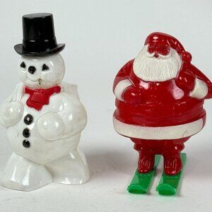 Vintage Rosbro 1950s Plastic Snowman & Santa Skiing Planter Christmas Decor